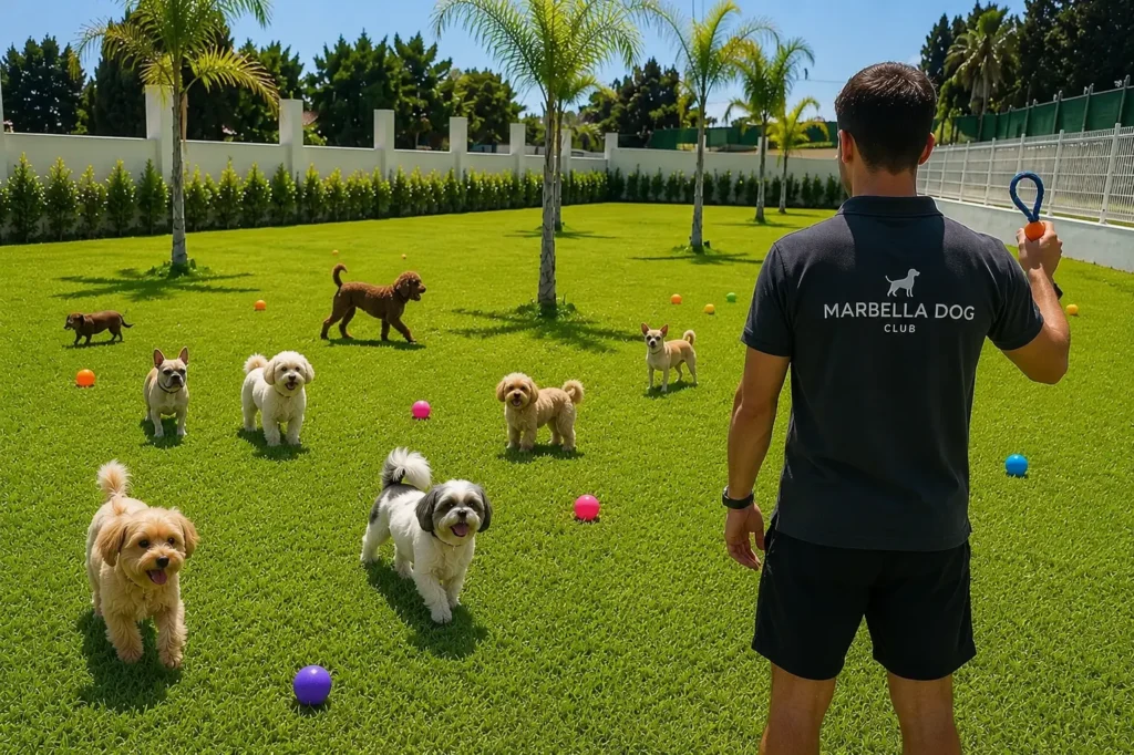 Adiestrador jugando con perros en la zona de entrenamiento y recreo de Marbella Dog Club.