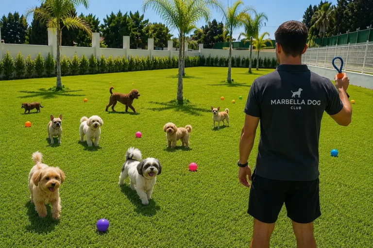 Adiestrador jugando con perros en la zona de entrenamiento y recreo de Marbella Dog Club.