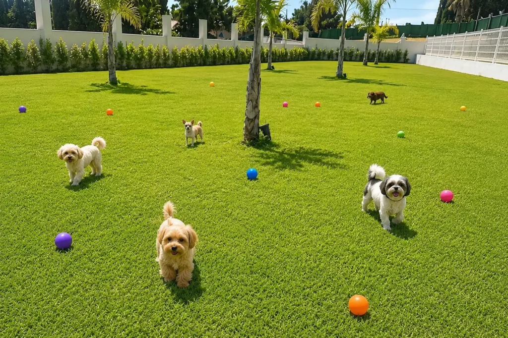 Zona de juegos para perros pequeños en Marbella Dog Club con césped natural, juguetes y amplios espacios al aire libre.