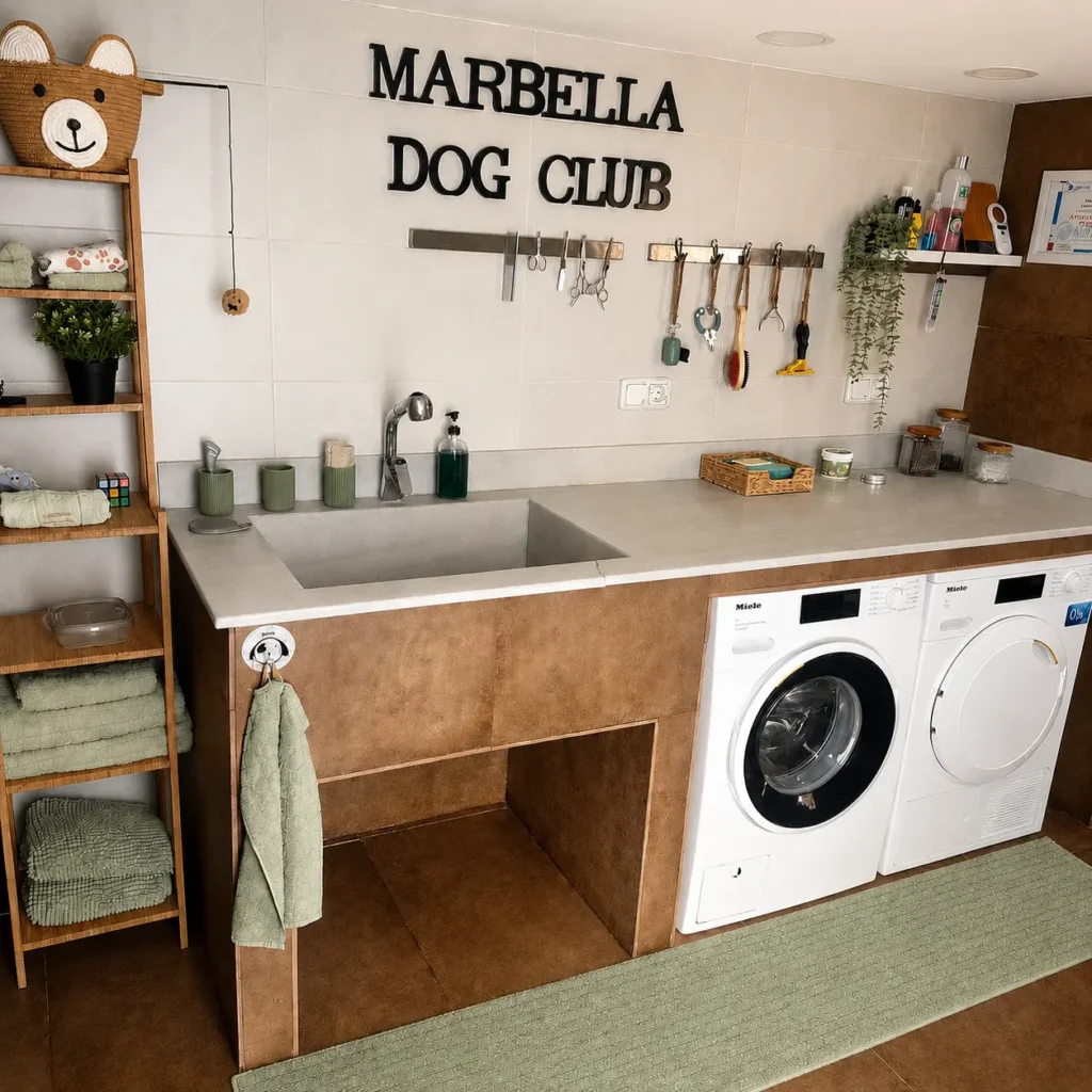 Zona de lavado y peluquería canina de Marbella Dog Club con bañera, herramientas de cuidado y área de higiene para perros.