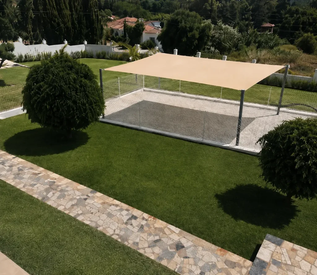 Zona exterior de recreo para perros en Marbella Dog Club con césped, sombra y espacio vallado.